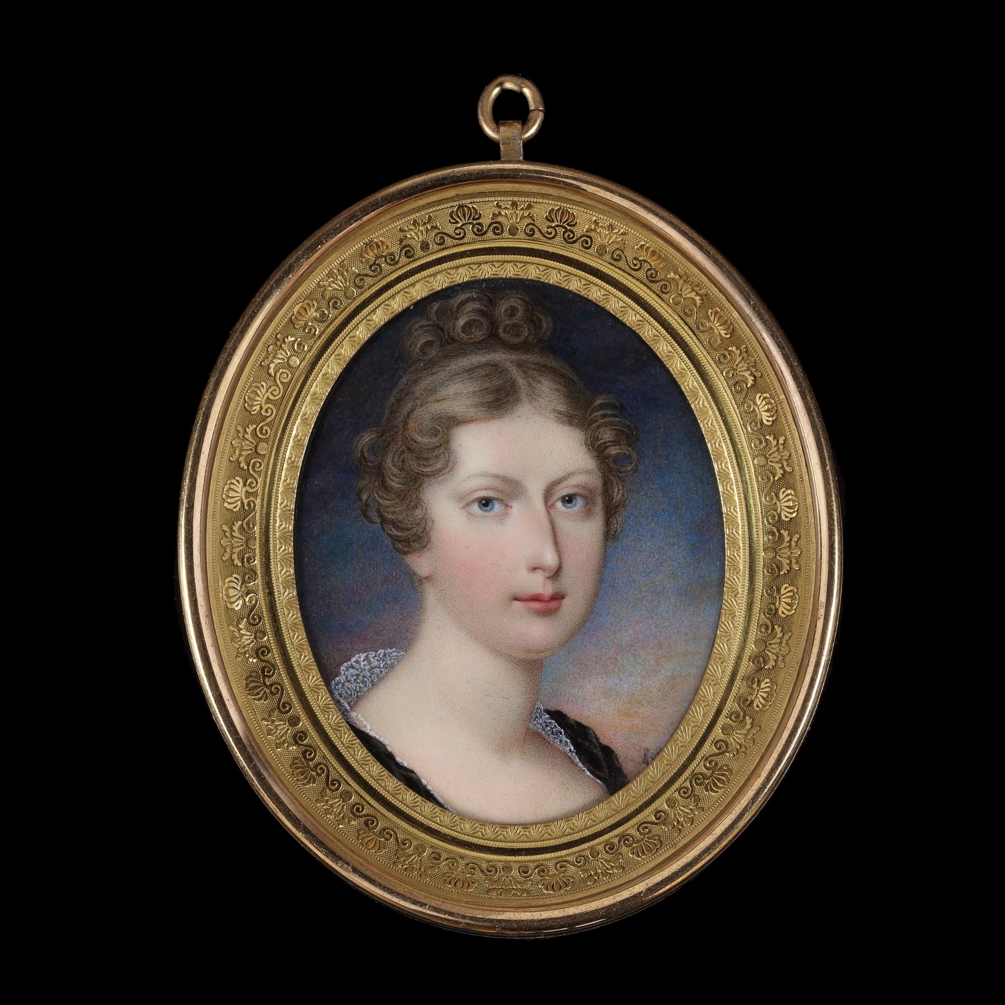 Portrait miniature of Princess Charlotte of Wales (1796-1817) in lace-bordered black dress, her hair curled and upswept